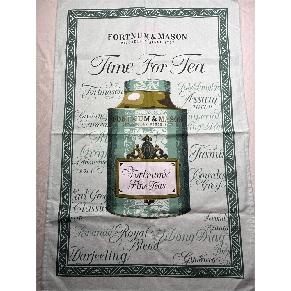 Fortnum & Mason Fine Teas Time For Tea Cotton Tea Towel Eau de Nil UK NWT